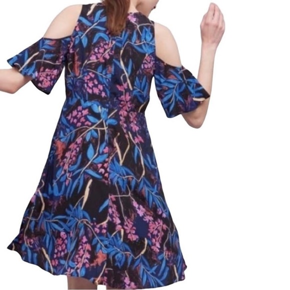 Anthropologie Maeve Elia Blue Floral Cold Shoulder Short Sleeve Midi Dress sz 0 - Picture 3 of 13